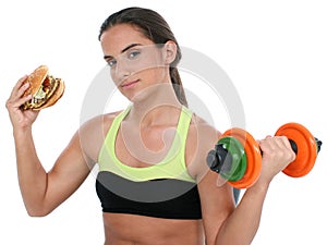 Beautiful Teen Girl Holding Colorful Weights And A Giant Cheeseburger