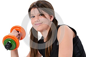 Beautiful Teen Girl Holding Colorful Weights Over White