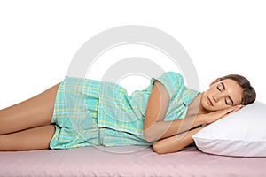 Beautiful teen girl sleeping with comfortable pillow on bed