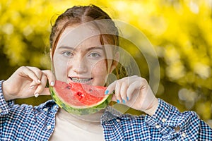 Beautiful teen girl smiling with watermelon and dental care orthodontic treatment teeth aligning with braces or aligners