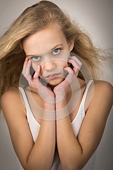 Beautiful Teenage Girl Hair In The Wind Hands On Face