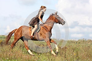 Beautiful teenage girl riding horse at the field