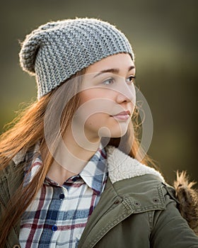 Beautiful Teenage Girl In Warm Coat and Wooly Hat