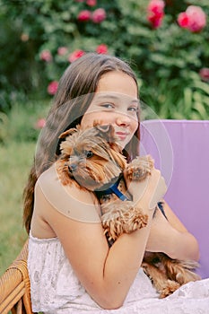 Beautiful teenage girl with a Yorkshire terrier dog in her hands