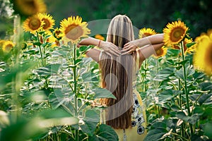 Beautiful Teenage Model girl with long healthy hair posing on the Sunflower Spring Field