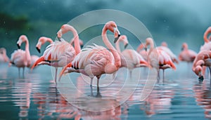 Beautiful telephoto shot of pink flamingoes flock standing in lake water in warm sunset light. Captures beauty of exotic