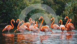 Beautiful telephoto shot of pink flamingoes flock standing in lake water in warm sunset light. Captures beauty of exotic photo