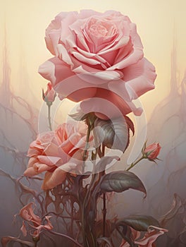 Beautiful tender pale pink roses in retro style on smoky background, close-up, vertical image.