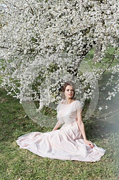 Beautiful tender sweet girl in a pink dress with a hairdo near blossoming tree on a sunny spring day