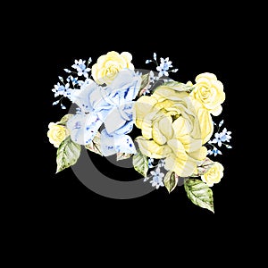 Beautiful tender watercolor bouquet with different flowers. In blue and yallow colors.