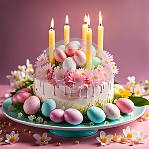 beautiful tender white Easter cake with colored eggs, flowers and burning candles on pink background