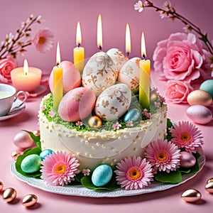 beautiful tender white Easter cake with colored eggs, flowers and burning candles on pink background