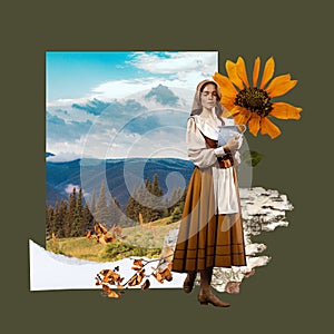 Beautiful, tender young girl standing in field with mountain view. Medieval person. Contemporary art collage.