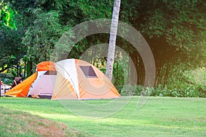 Beautiful tents set up in beautiful nature. Among the trees and green lawns For relaxing holidays and eco-tourism