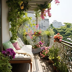 Beautiful terrace or balcony with small table, chair and flowers. Summer time Idyllic seating in the terrace with drink