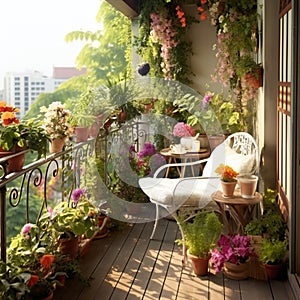 Beautiful terrace or balcony with small table, chair and flowers. Summer time Idyllic seating in the terrace with drink