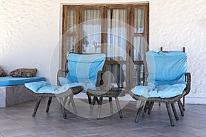 Beautiful terrace with two deck chair near tropical beach near the sea of Zanzibar island, Tanzania, Africa