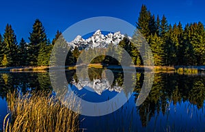 The Beautiful Tetons Covered in Snow Reflecting on a Calm River