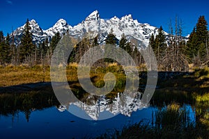 The Beautiful Tetons Covered in Snow Reflecting on a Calm River