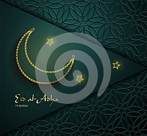 Beautiful text design of Eid Al Adha mubarak on dark background. Stars and moon decorated ornament background photo