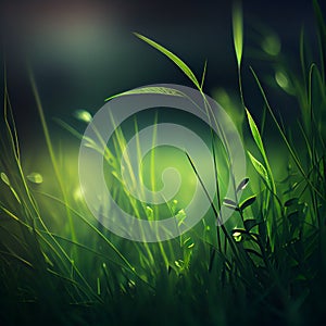 Beautiful texture green meadow grass with dew drops close up abstract blur natural bokeh background AI Generated Image