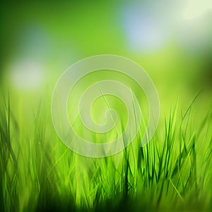 Beautiful texture green meadow grass with dew drops close up abstract blur natural bokeh background AI Generated Image