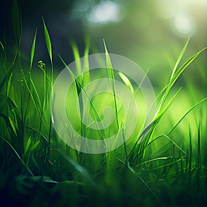 Beautiful texture green meadow grass with dew drops close up abstract blur natural bokeh background AI Generated Image
