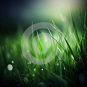 Beautiful texture green meadow grass with dew drops close up abstract blur natural bokeh background AI Generated Image