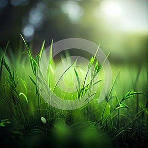 Beautiful texture green meadow grass with dew drops close up abstract blur natural bokeh background AI Generated Image