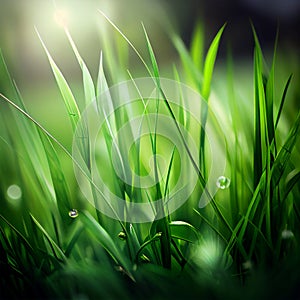 Beautiful texture green meadow grass with dew drops close up abstract blur natural bokeh background AI Generated Image