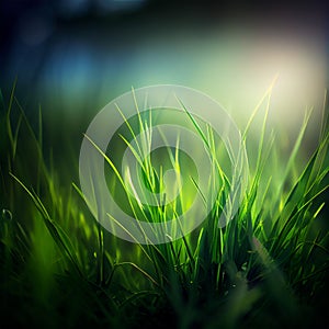 Beautiful texture green meadow grass with dew drops close up abstract blur natural bokeh background AI Generated Image