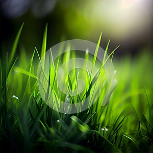 Beautiful texture green meadow grass with dew drops close up abstract blur natural bokeh background AI Generated Image