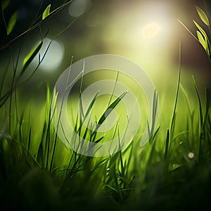 Beautiful texture green meadow grass with dew drops close up abstract blur natural bokeh background AI Generated Image