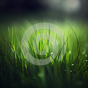 Beautiful texture green meadow grass with dew drops close up abstract blur natural bokeh background AI Generated Image