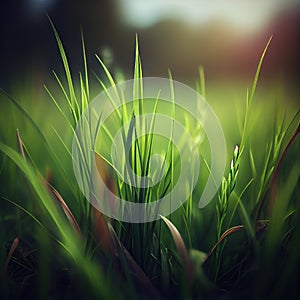 Beautiful texture green meadow grass with dew drops close up abstract blur natural bokeh background AI Generated Image