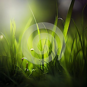 Beautiful texture green meadow grass with dew drops close up abstract blur natural bokeh background AI Generated Image