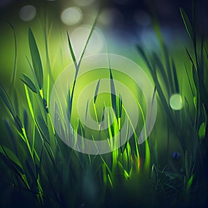 Beautiful texture green meadow grass with dew drops close up abstract blur natural bokeh background AI Generated Image