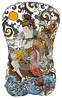 Beautiful thai lady with wing and water wave on cloud and moon background.Thai fairy tail with flower sitdown on rock