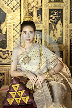 Beautiful Thai women are dressing in traditional Thai national costumes. To prepare for the pantomime drama scene