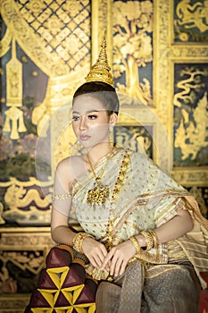 Beautiful Thai women are dressing in traditional Thai national costumes. To prepare for the pantomime drama scene