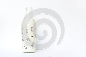 Beautiful and thematic bottle with milk on white background, close-up