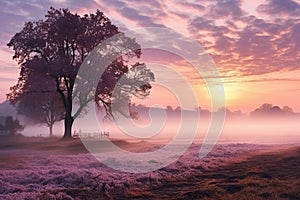 Beautiful thick fog at sunrise .Autumn morning landscape over a field