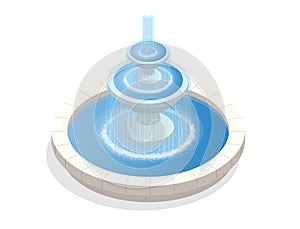 Beautiful three-level round fountain. A zone of rest and relaxation. Flat vector isometric on white background