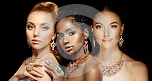 Beautiful Three models girls with set of Jewelry. Luxury girls in shine jewellry: Eearrings, Necklace, and Ring. Women in jewelry