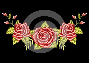 Beautiful three roses embroidery design for neckline. Stock Vector.