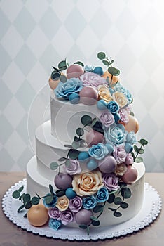 Beautiful three-tiered white wedding cake decorated with colorful flowers roses. Concept of elegant holiday desserts