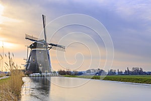 Beautiful three windmills in a Dutch winter landscape