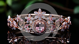 This beautiful tiara is a unique way to wear, inlaid with diamond and morganite, a big morganite of 10 carats, in the style of lig