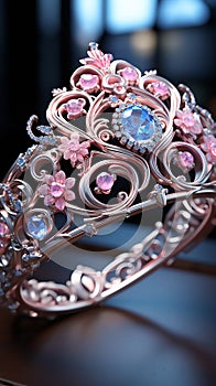 This beautiful tiara is a unique way to wear, inlaid with diamond and morganite, a big morganite of 10 carats, in the style of lig