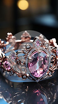 This beautiful tiara is a unique way to wear, inlaid with diamond and morganite, a big morganite of 10 carats, in the style of lig